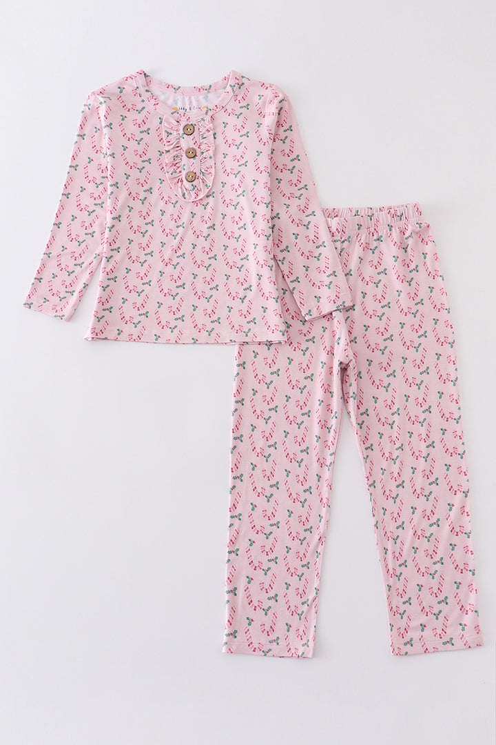 Christmas Candy Cane Print Bamboo Pajamas Set Honeydew