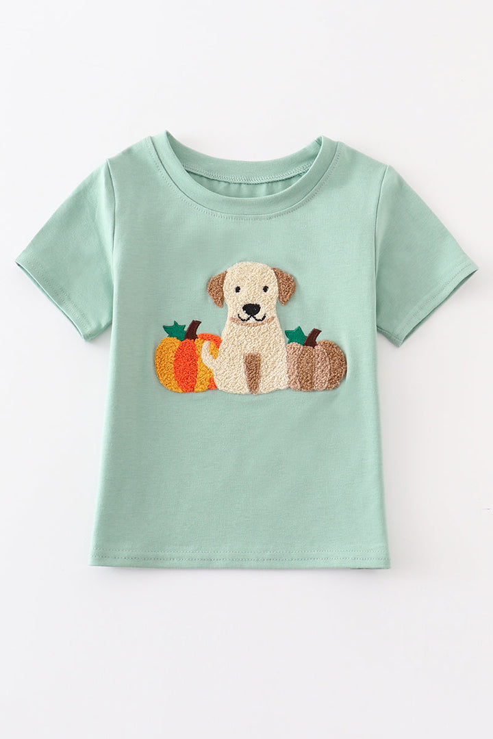 Green Dog Pumpkin French Knot Boy Top Honeydew