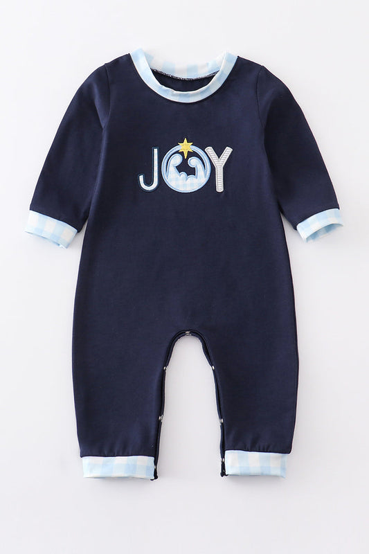 Navy Nativity Joy Applique Boy Romper Honeydew