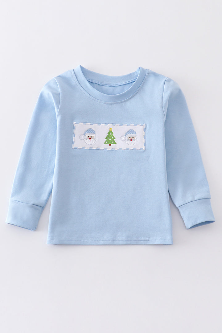 Blue Christmas Santa Embroidery Boy Top Honeydew