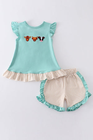Cow French Knot Girl Short Set Honeydew - Abby & Evie