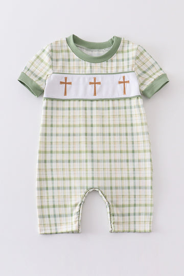 Green Easter Plaid Print Cross Embroidery Boy Romper Honeydew