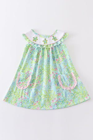 Lily Turtle Embroidered Dress Honeydew - Abby & Evie