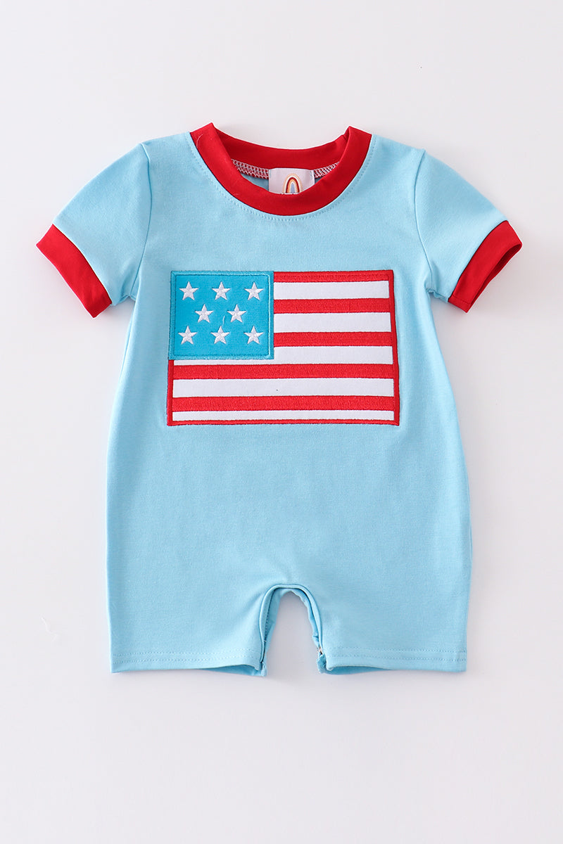 Patriotic Flag Applique Boy Romper Honeydew