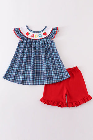 Blue Plaid ABC Embroidery Girl Set Honeydew