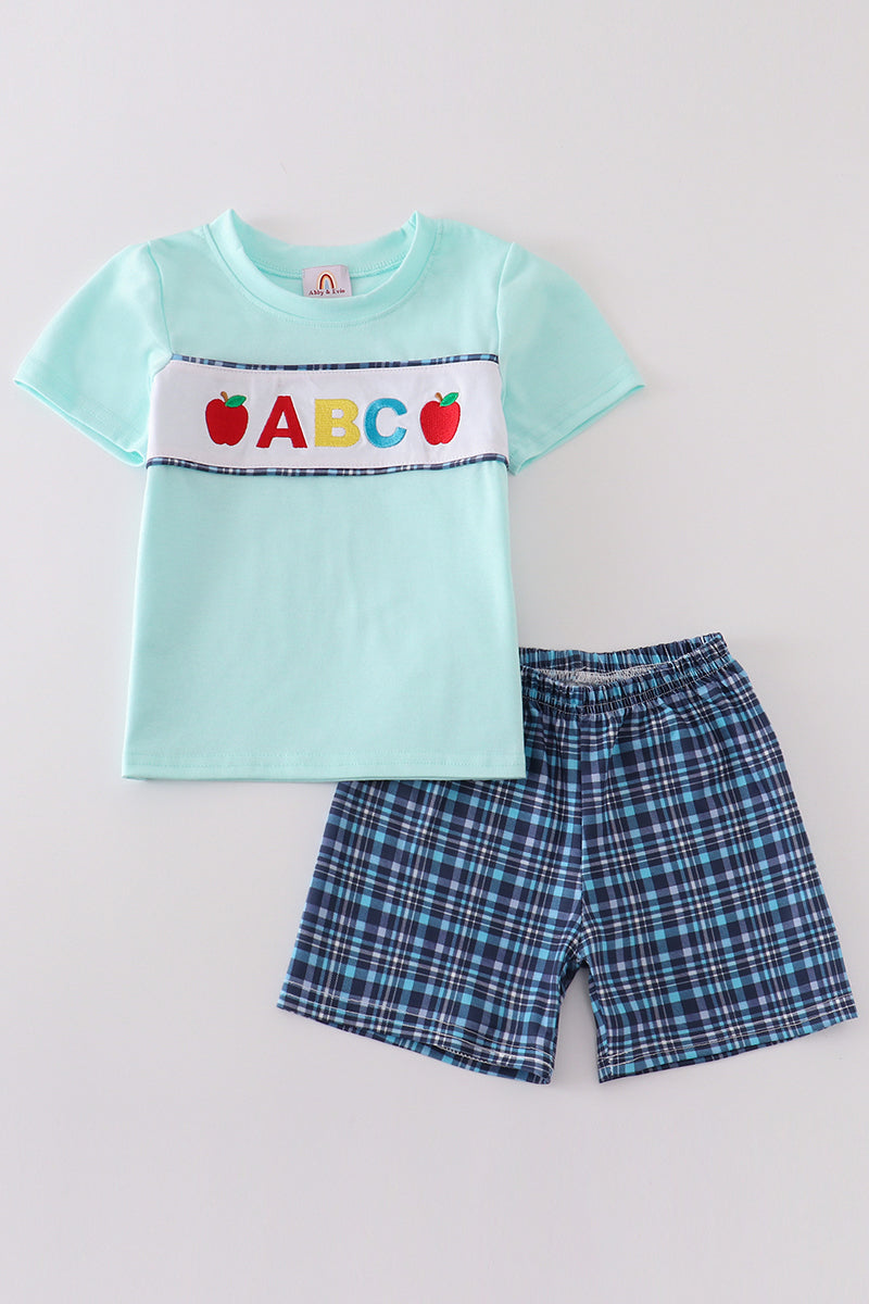 Blue Plaid ABC Embroidery Boy Set Honeydew