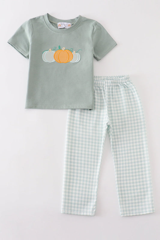 Green Embroidery Pumpkin Boy 2 PC Pants Set Honeydew