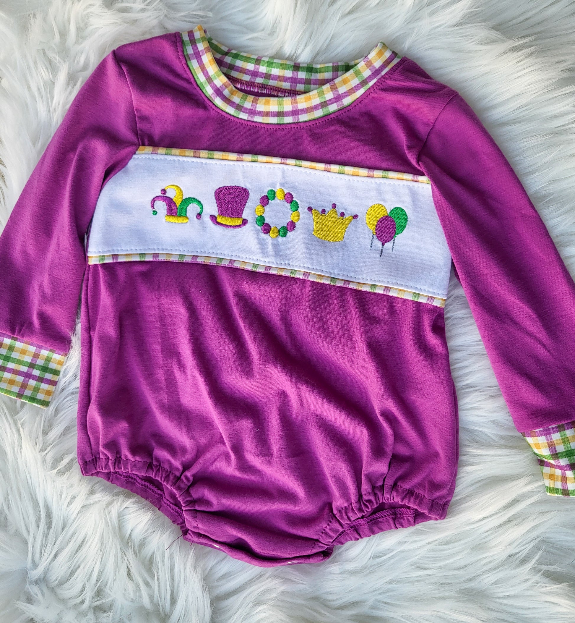 Purple Mardi Gras Embroidery Boy Romper Magic Group