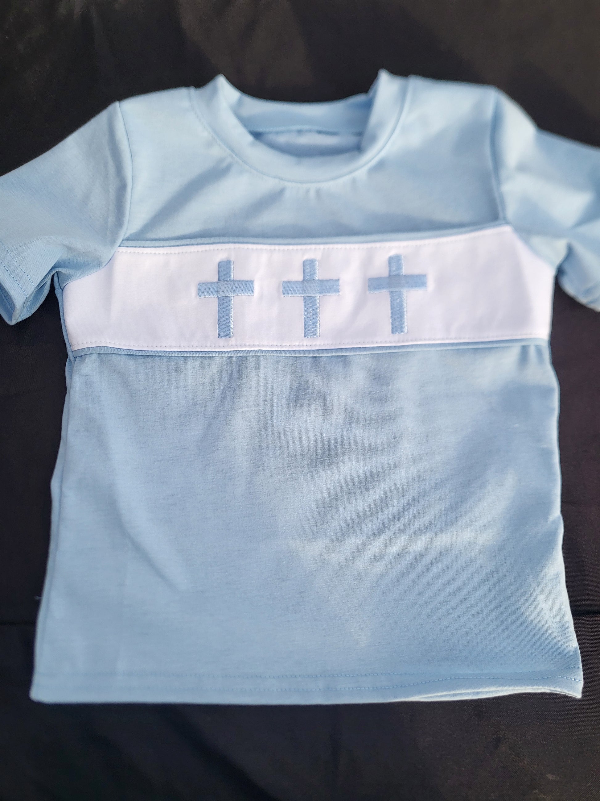 Blue Easter Cross Embroidery Shirt Honeydew