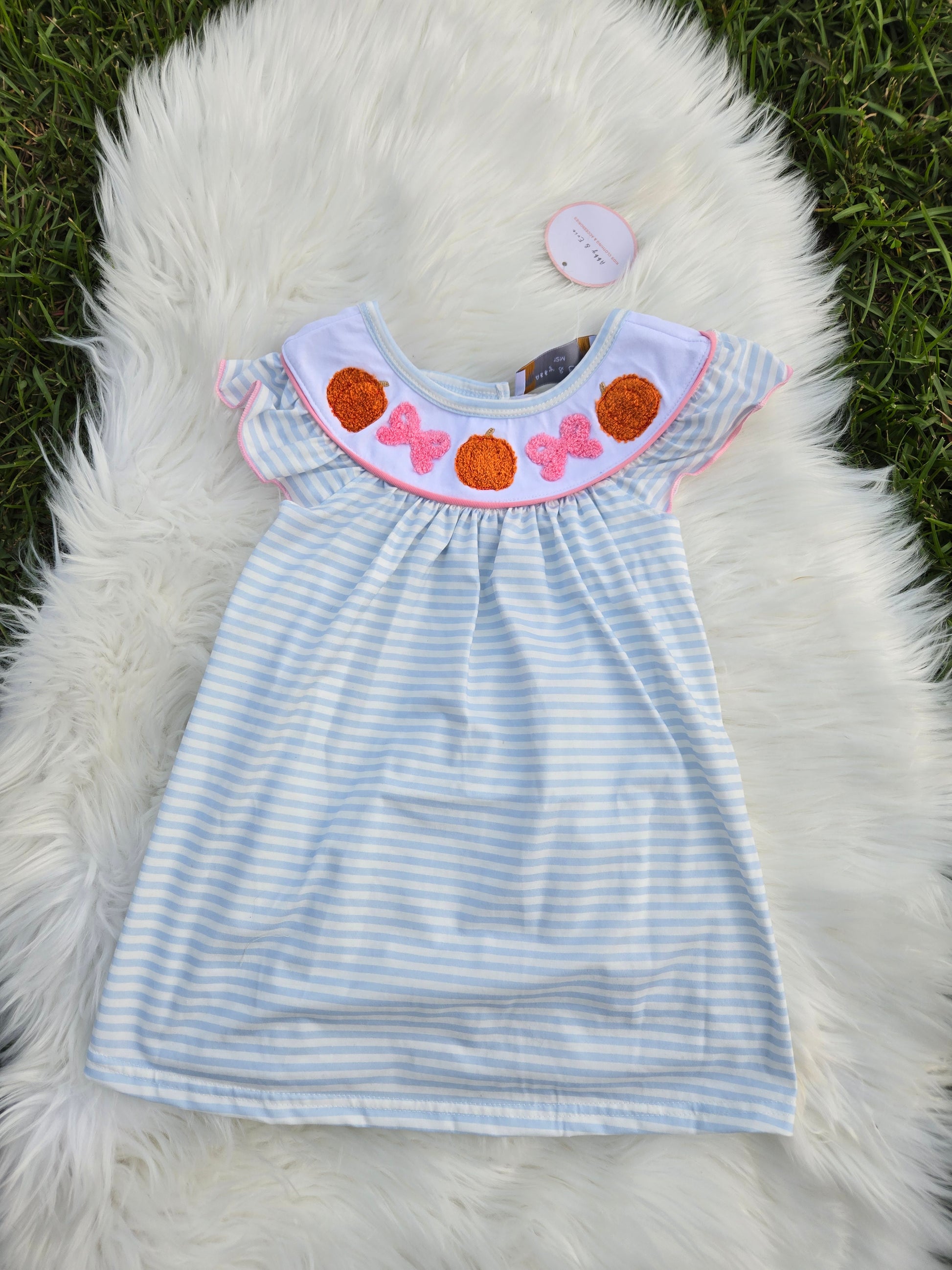 Blue Striped Orange French Knot Pumpkin Girl Dress Honeydew