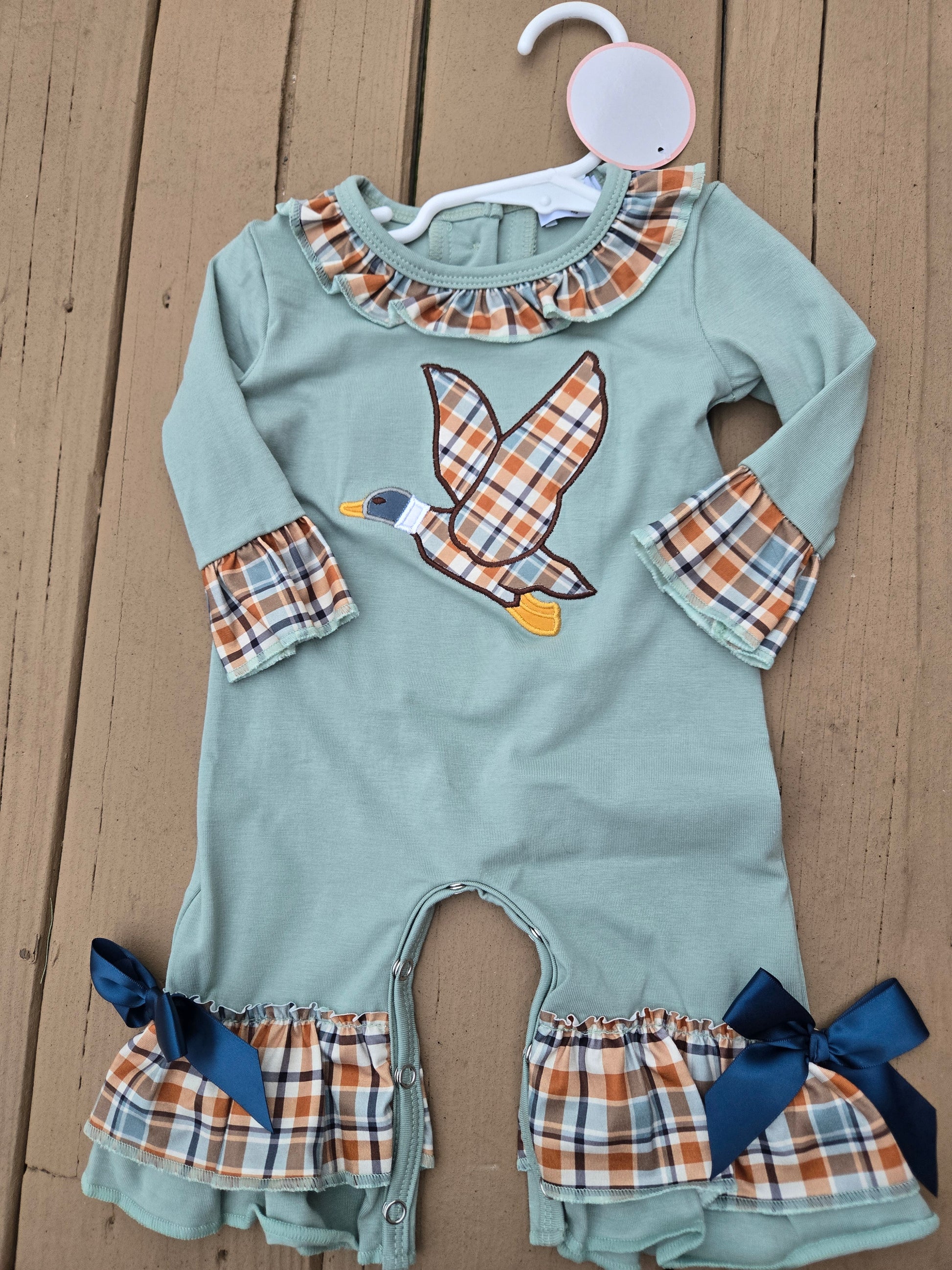 Sage Duck Applique Girl Romper Honeydew