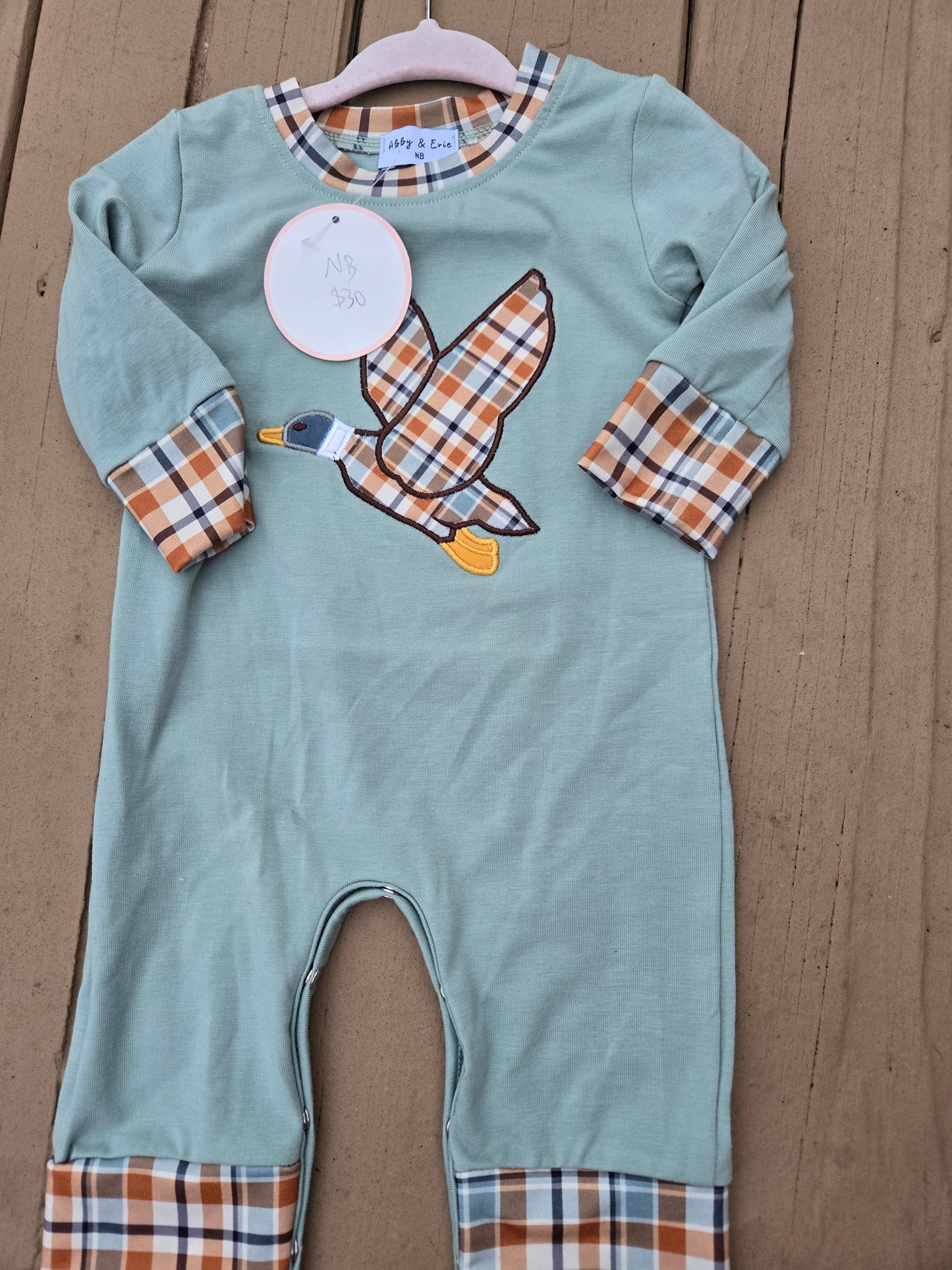 Sage Duck Applique Plaid Boy Romper Magic Group