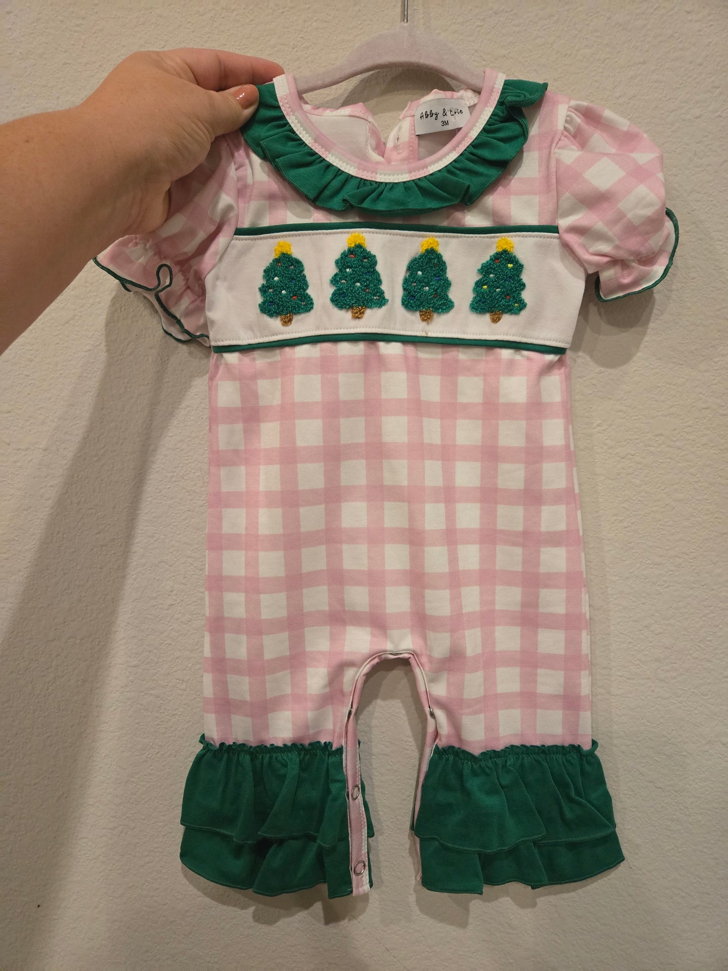 Pink Christmas Tree French Knot Girl Romper Honeydew