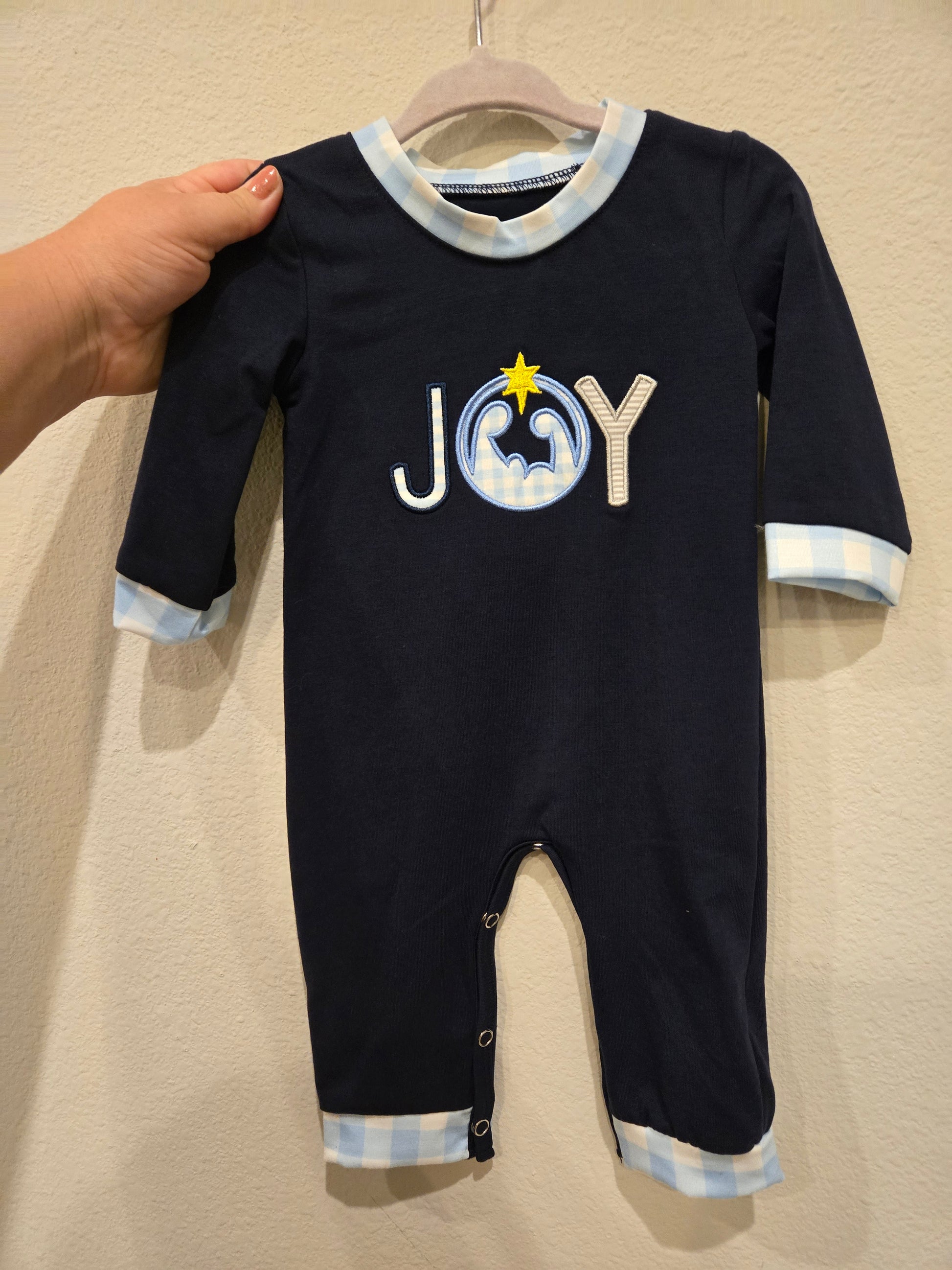 Navy Nativity Joy Applique Boy Romper Honeydew