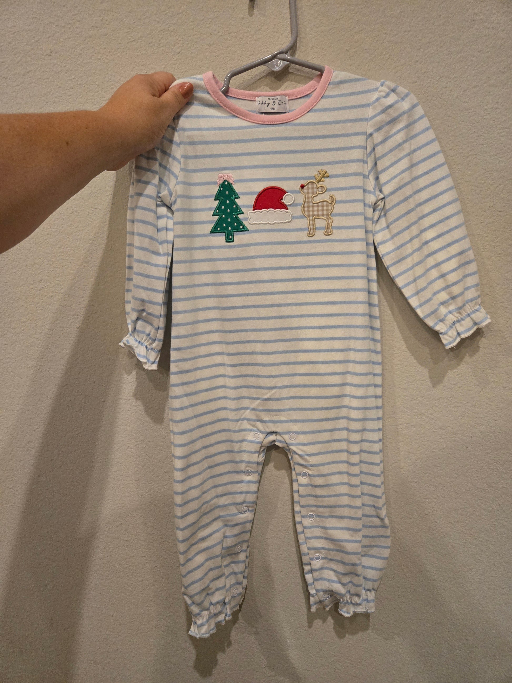 Pink Stripe Reindeer Applique Girl Romper Honeydew