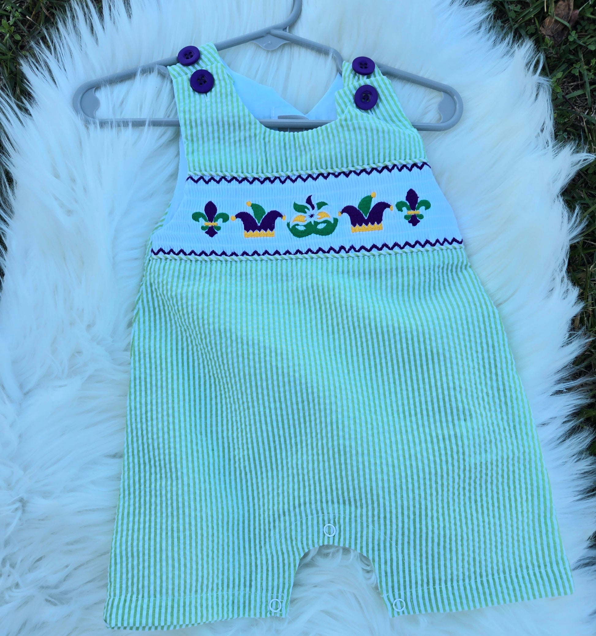 Green and Purple Mardi Gras Smocked Short tail Lil Cactus