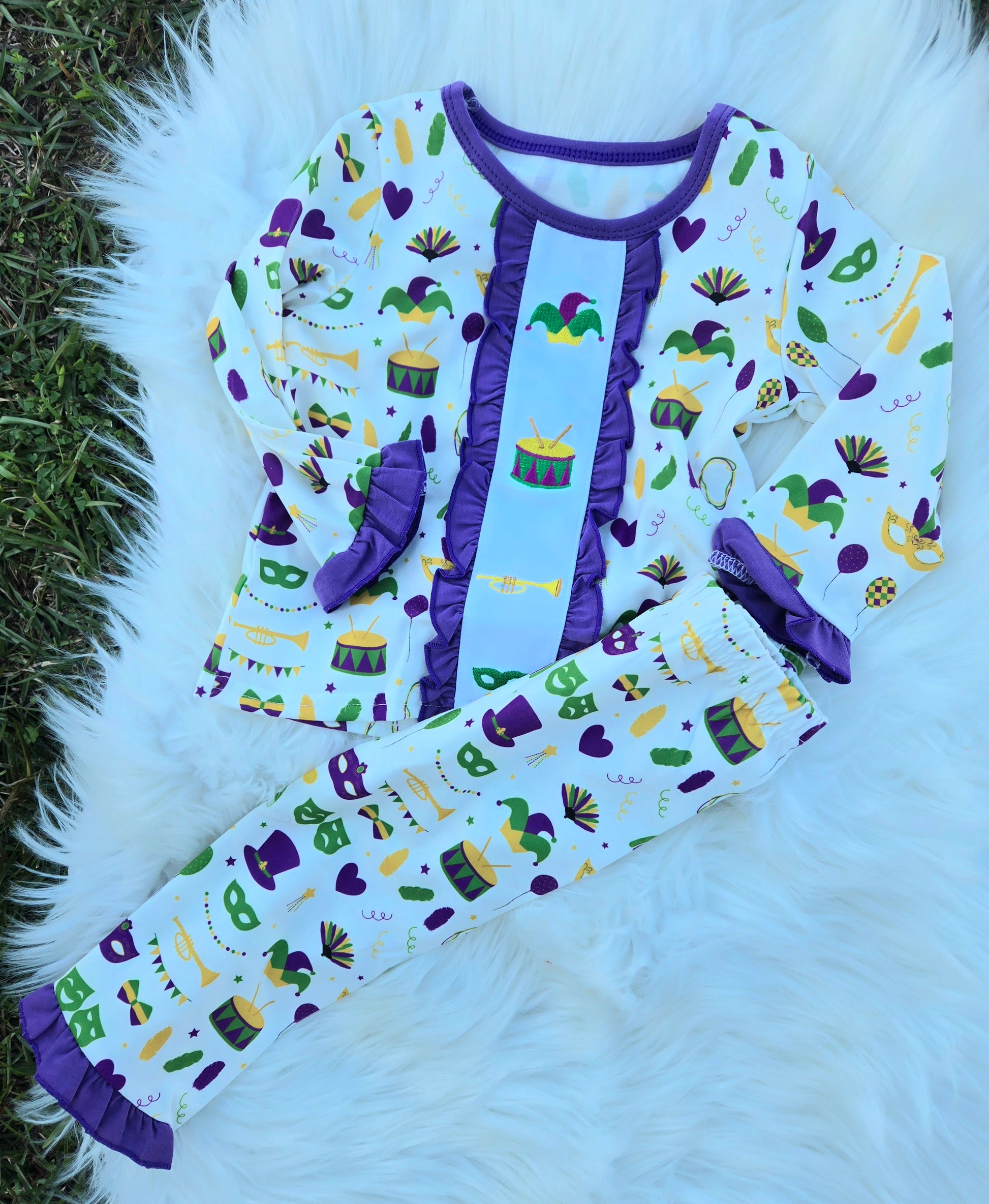 Mardi Gras Embroidery Girl Pajamas Honeydew