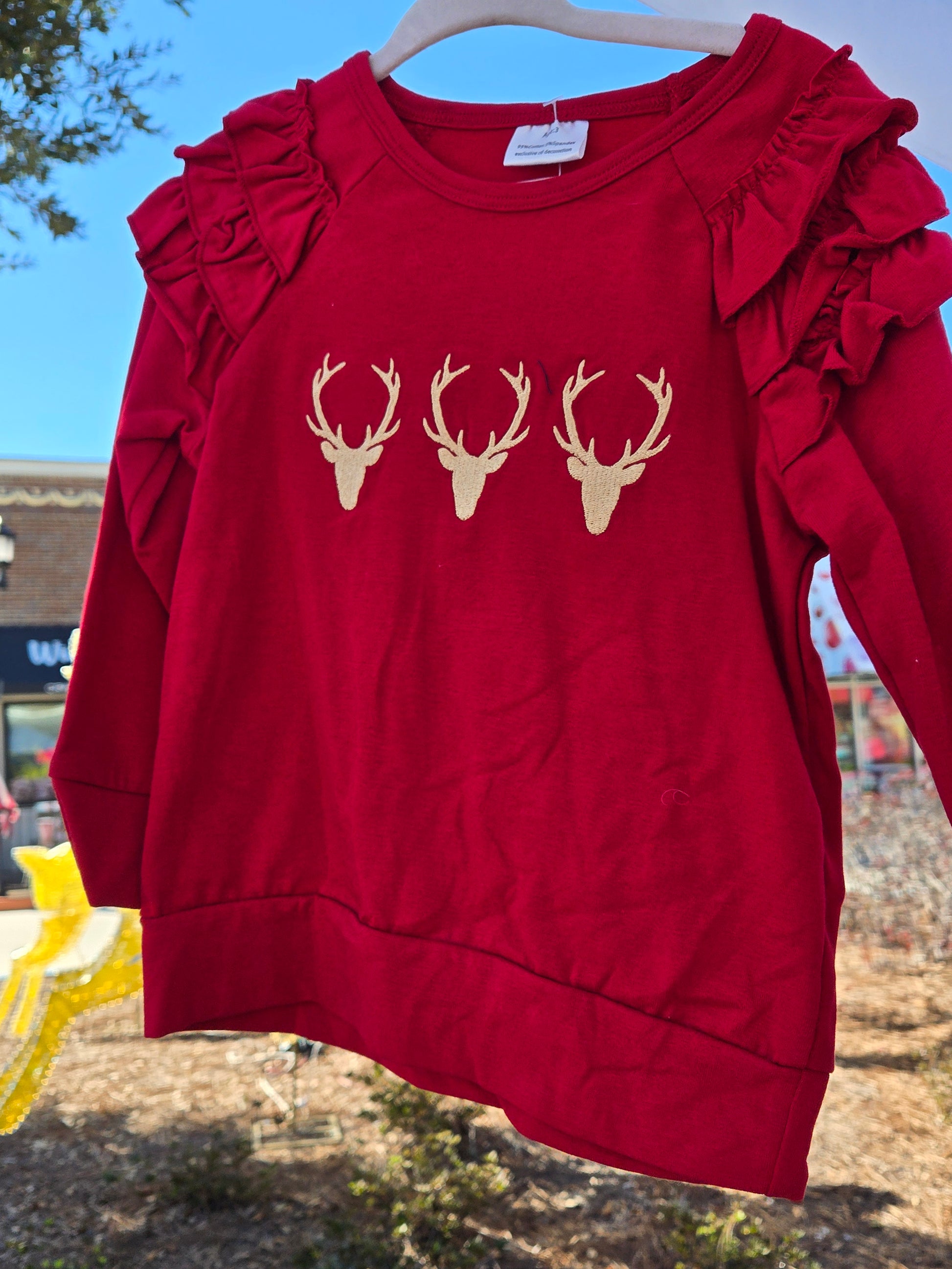 Maroon Deer Embroidery Ruffle Girl Sweatshirt Honeydew