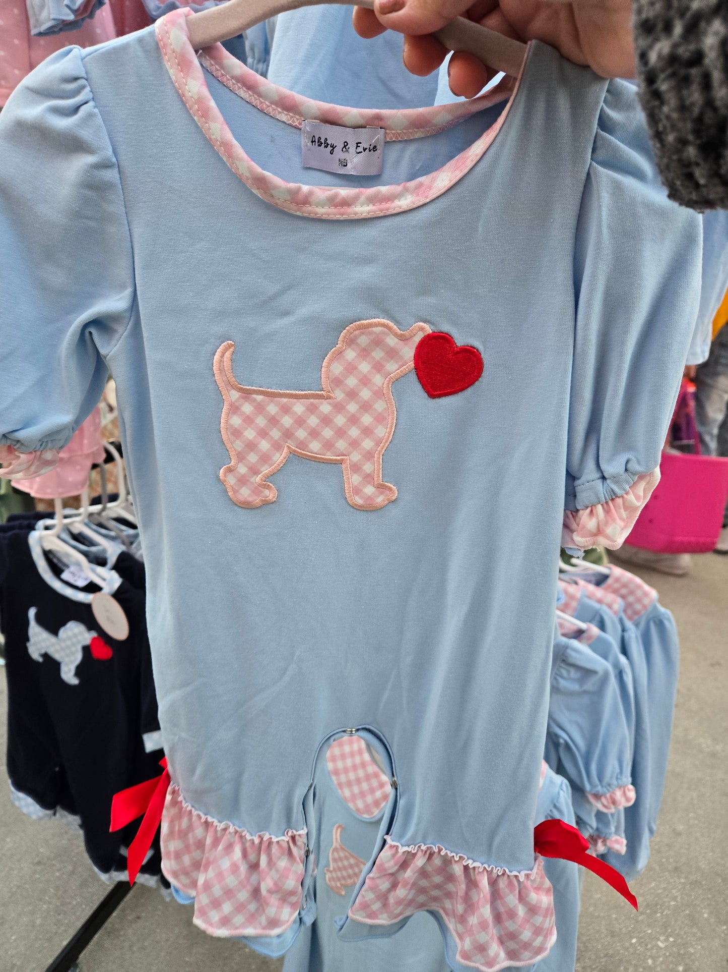 Blue Heart Valentines Puppy Girl Romper Honeydew