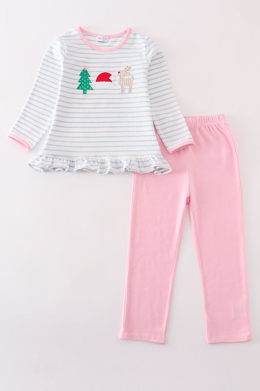 Pink Stripe Reindeer Applique Girl Set Honeydew