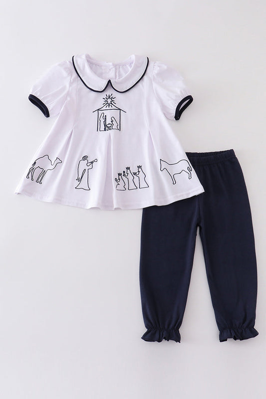 Navy Nativity Embroidery Girl Set Honeydew