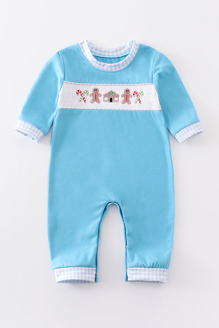 Blue Gingerbread Smocked Boy Romper Honeydew