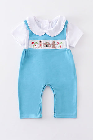 Blue Gingerbread Smocked Baby JonJon Set Honeydew