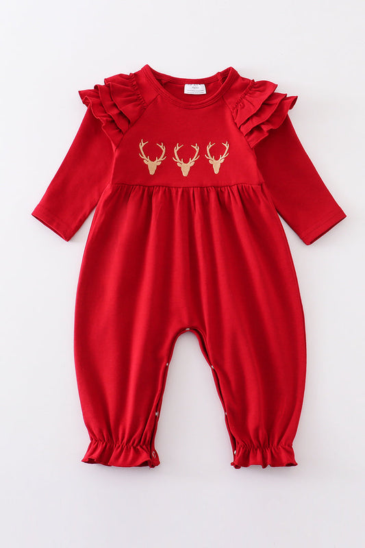 Maroon Deer Embroidery Ruffle Girl Romper Honeydew