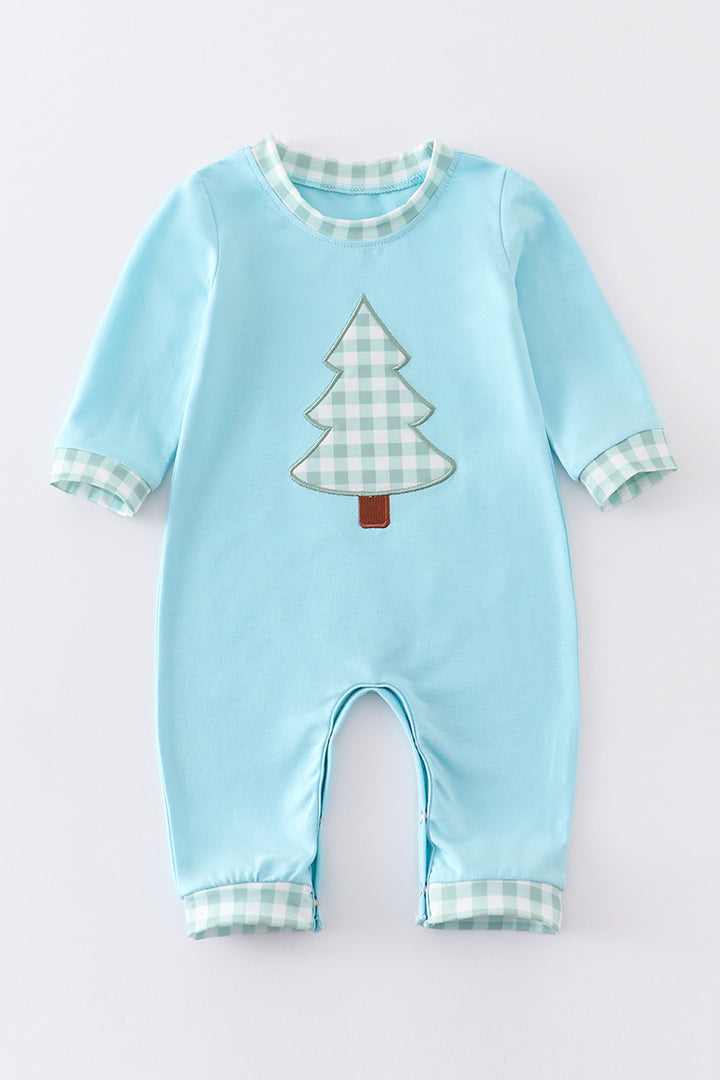 Blue Christmas Tree Applique Boy Romper Honeydew