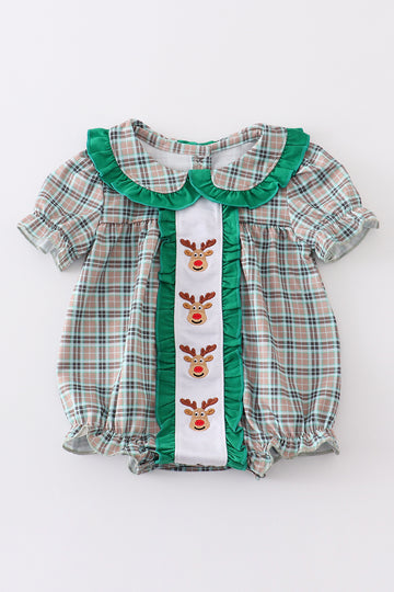 Green Plaid Christmas Deer Embroidery Girl Bubble Honeydew