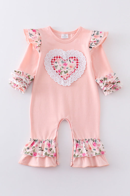 Pink Valentine's Day Heart Applique Floral Girl Romper