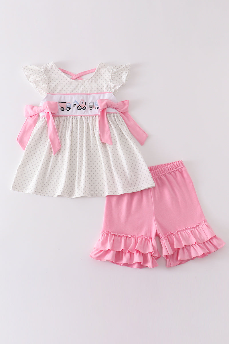 Pink Vehicle Embroidery Girl Set Honeydew - Abby & Evie