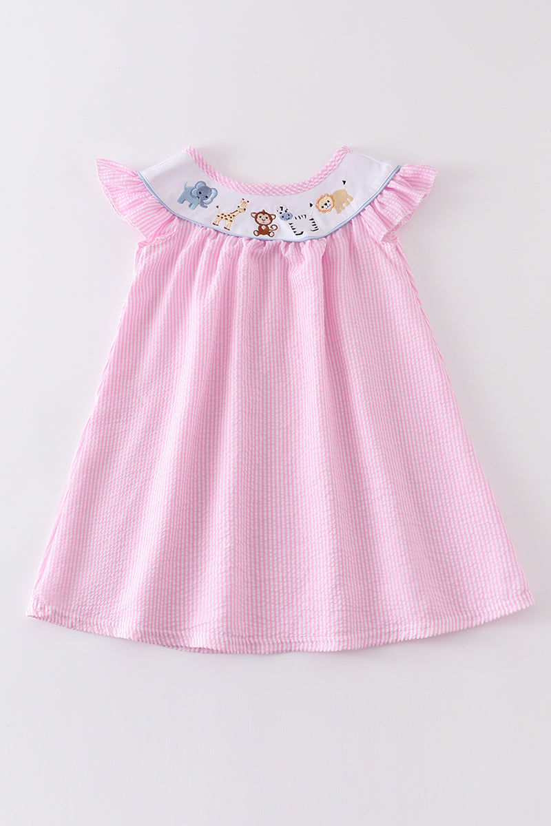 Pink Seersucker Animal Embroidery Dress Honeydew