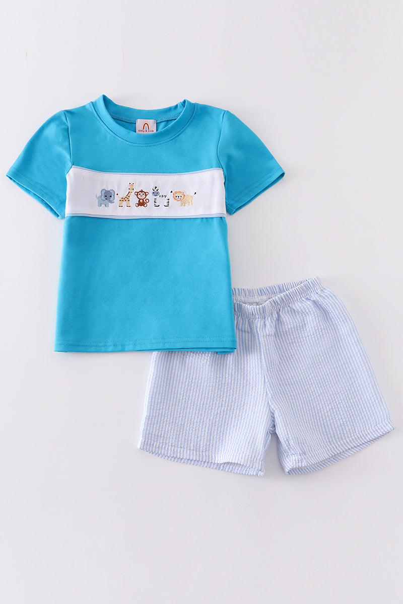 Blue Seersucker Animal Embroidery Boy Set Honeydew