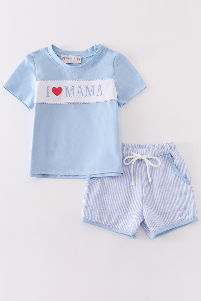 Blue I Love Mama Embroidery Girl Set Honeydew