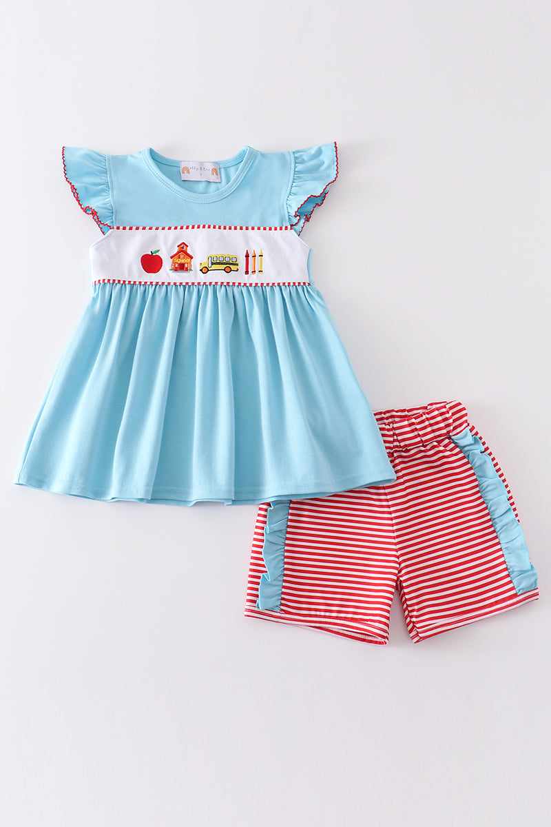 Blue Back to School Embroidery Girl Set Honeydew