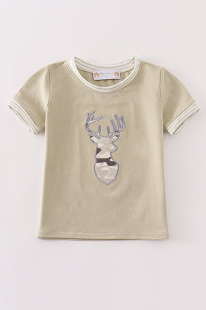 Camouflage Antler Applique Boy Top Honeydew