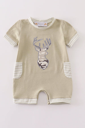 Camouflage Antler Applique Boy Romper Honeydew