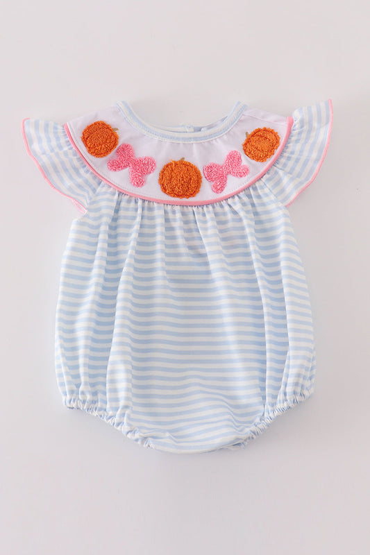 Blue Striped Orange French Knot Pumpkin Girl Romper Honeydew