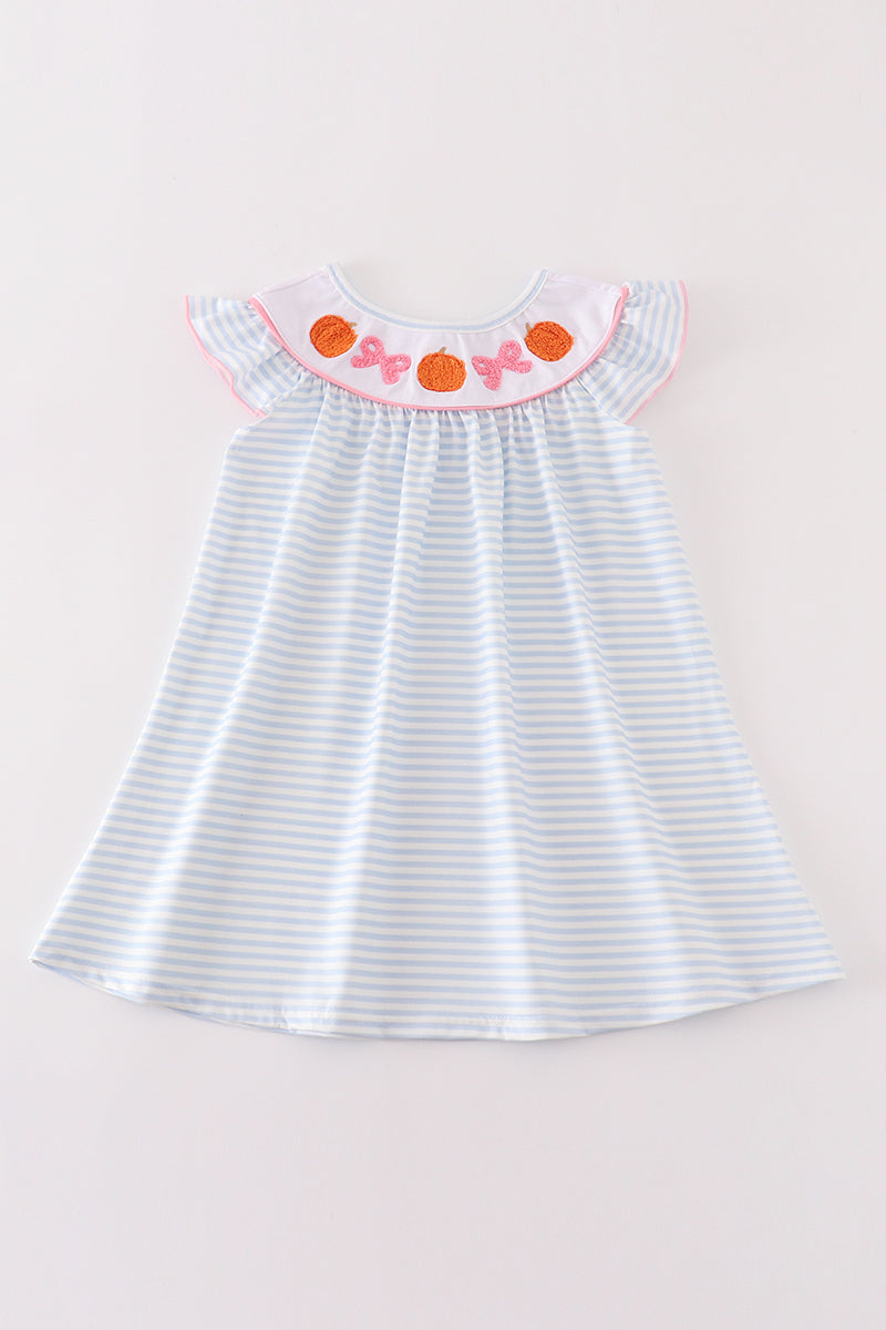 Blue Striped Orange French Knot Pumpkin Girl Dress Honeydew