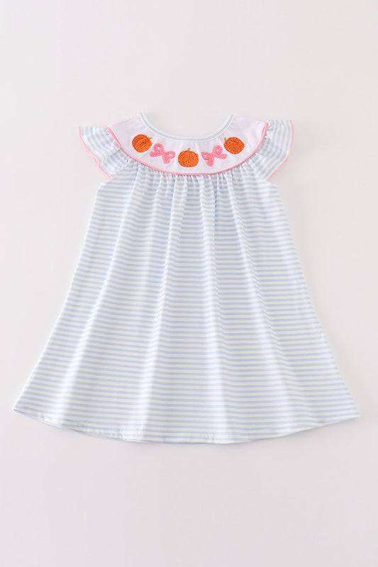 Blue Striped Orange French Knot Pumpkin Girl Dress Honeydew