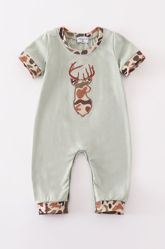 Green Camoflauge Deer Applique Boy Romper Honeydew