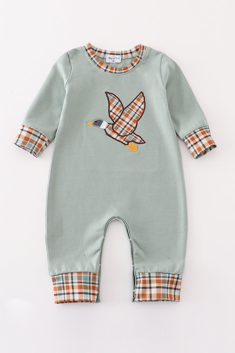 Sage Duck Applique Plaid Boy Romper Magic Group