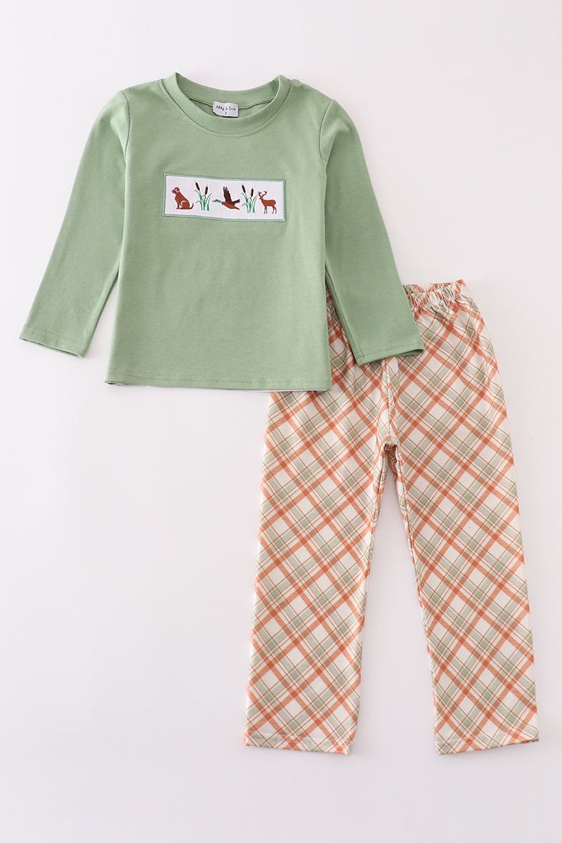 Green Hunting Duck Embroidery Boy Set Honeydew