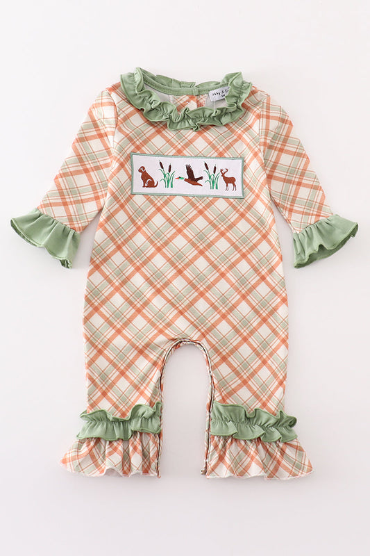 Green Hunting Duck Embroidery Girl Romper Honeydew