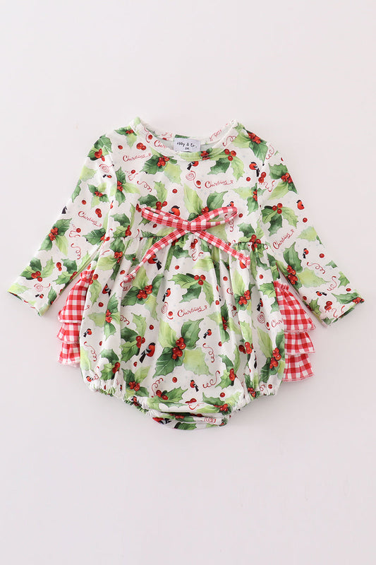 Christmas Holly Print Girl Bubble Honeydew