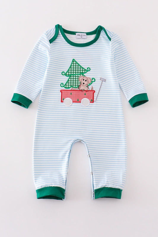 Green Stripe Christmas Puppy Applique Boy Romper Honeydew