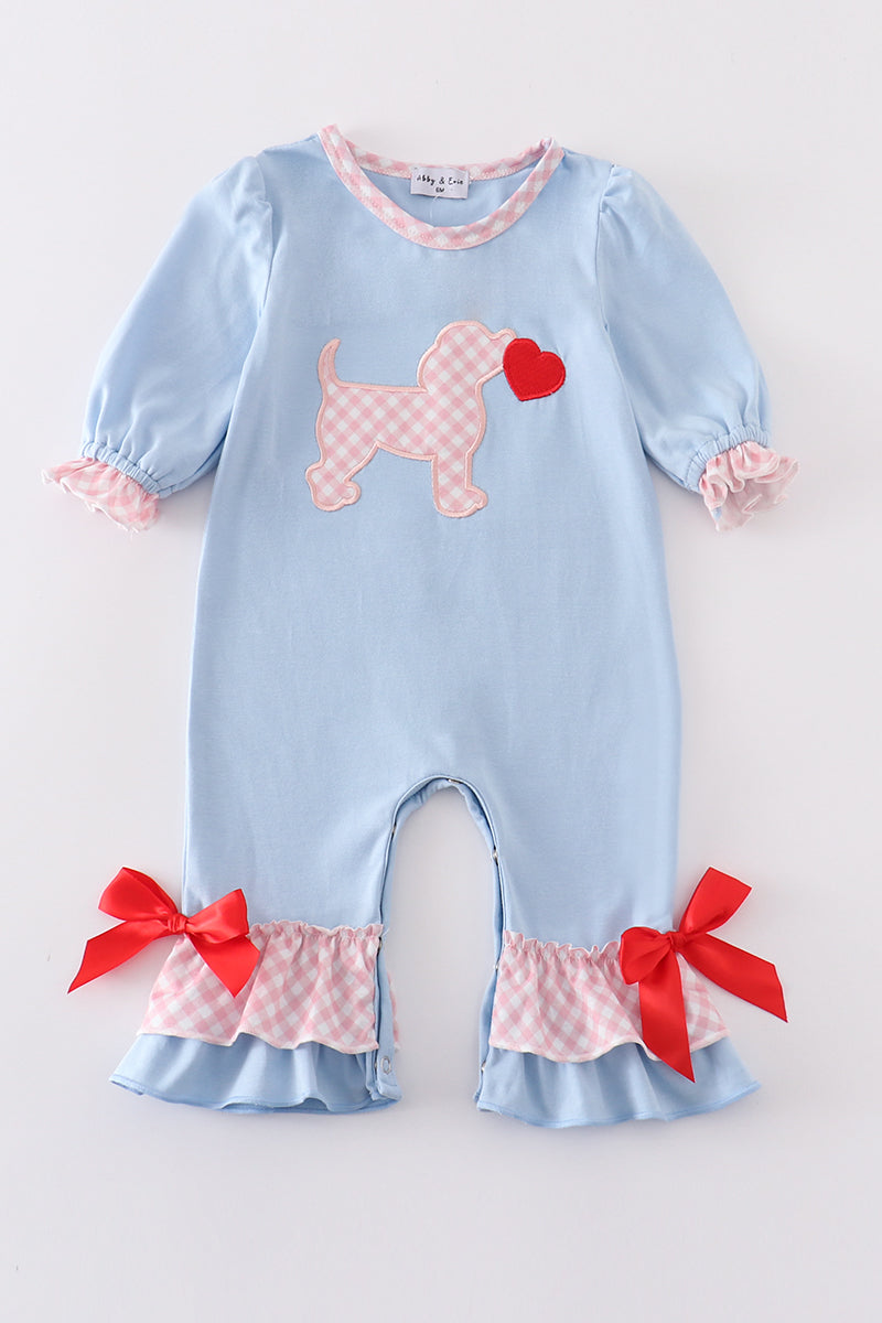 Blue Heart Valentines Puppy Girl Romper Honeydew