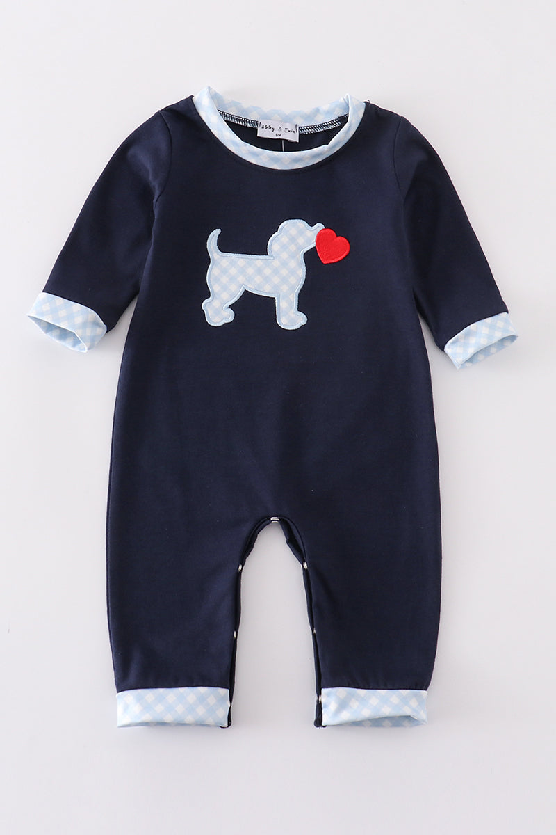 Blue Heart Valentines Puppy Boy Romper Honeydew