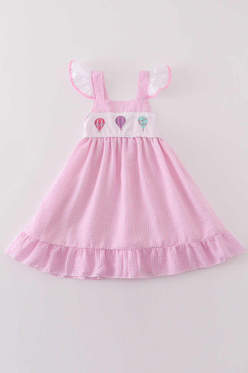 Pink Hot Air Balloon Embroidery Girls Dress Magic Group